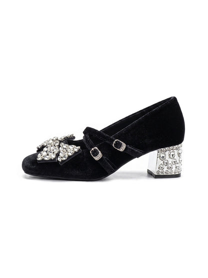 Crystal Bow Velvet Block-Heel Mary Janes