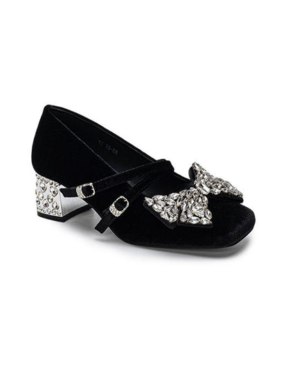 Crystal Bow Velvet Block-Heel Mary Janes