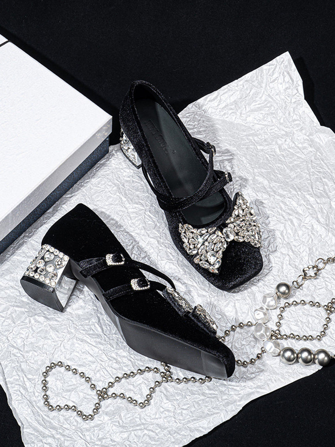 Crystal Bow Velvet Block-Heel Mary Janes