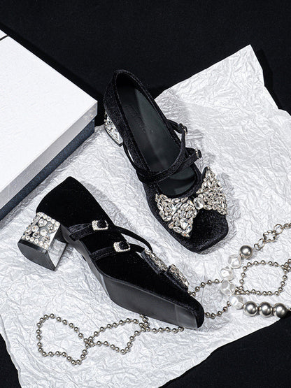 Crystal Bow Velvet Block-Heel Mary Janes