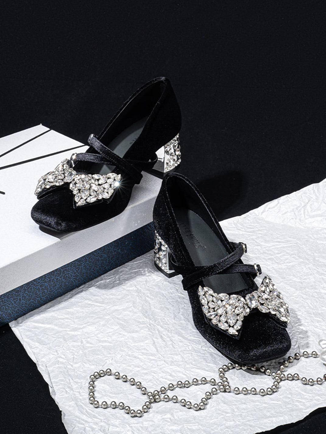 Crystal Bow Velvet Block-Heel Mary Janes