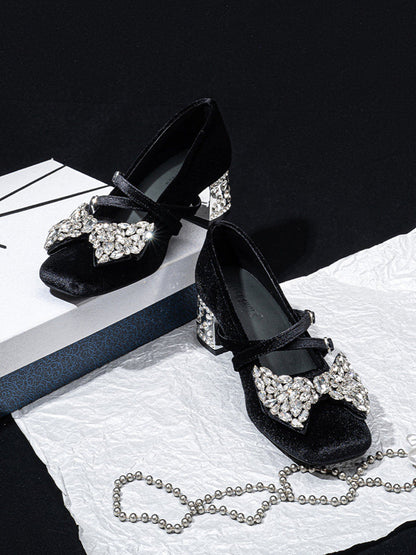 Crystal Bow Velvet Block-Heel Mary Janes