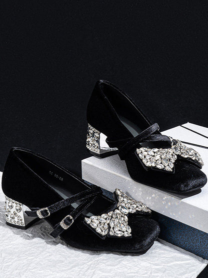 Crystal Bow Velvet Block-Heel Mary Janes