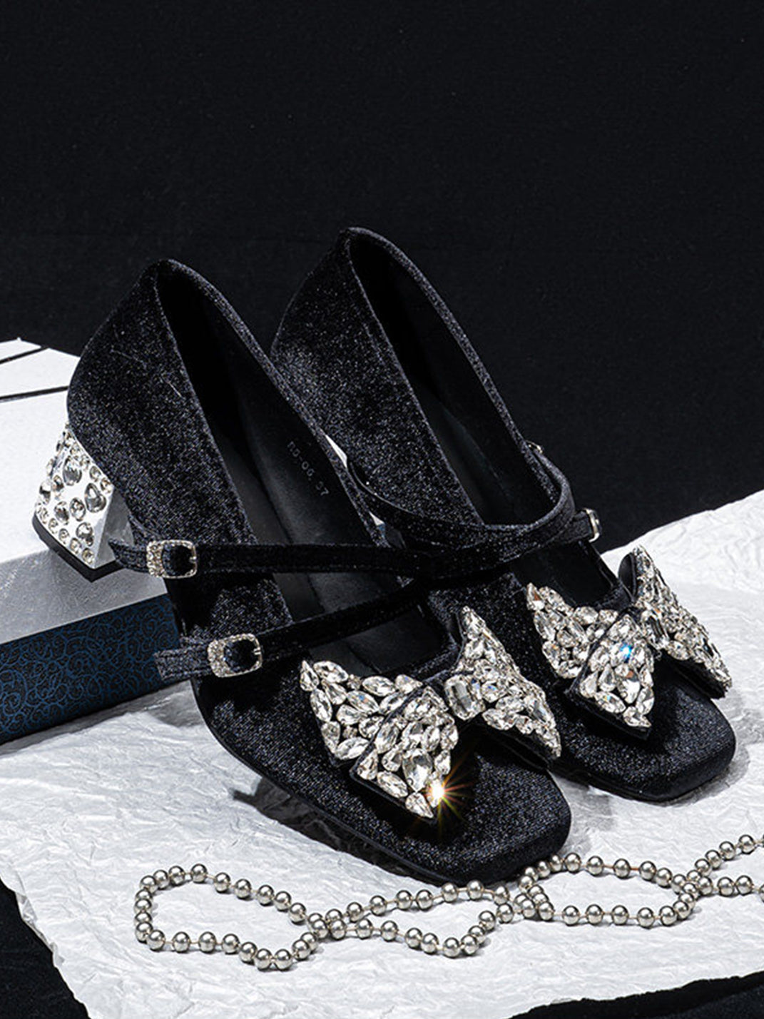 Crystal Bow Velvet Block-Heel Mary Janes