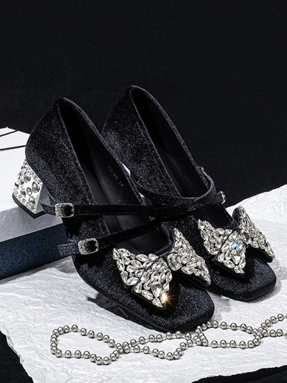 Crystal Bow Velvet Block-Heel Mary Janes