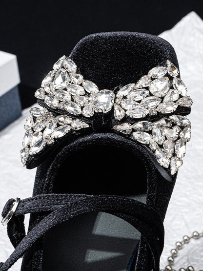 Crystal Bow Velvet Block-Heel Mary Janes
