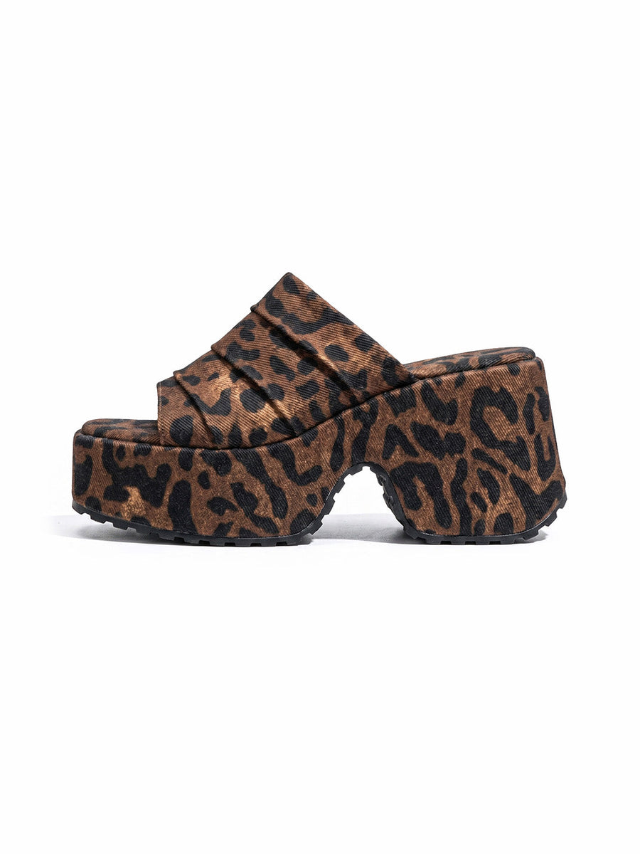 Leopard Ruched Platform Slide Sandals
