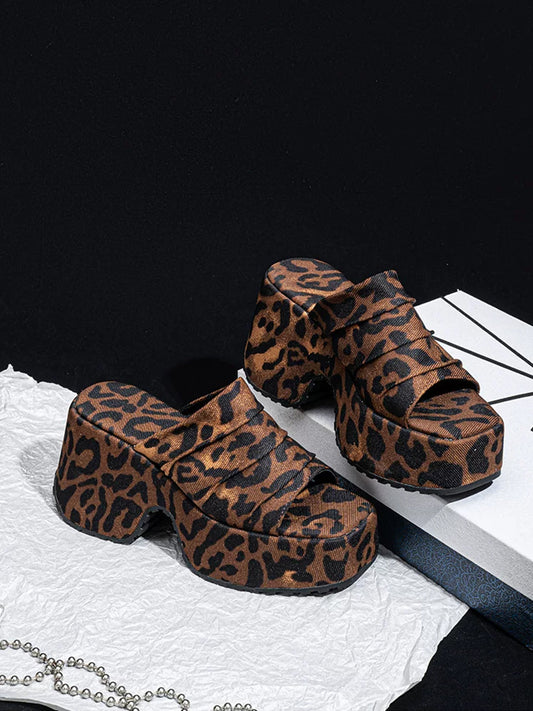 Leopard Ruched Platform Slide Sandals