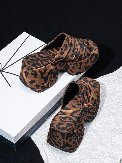 Leopard Ruched Platform Slide Sandals