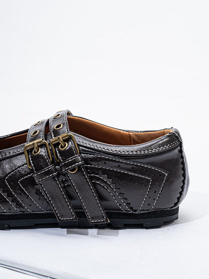 Studded Double-Buckle Square-Toe Flats