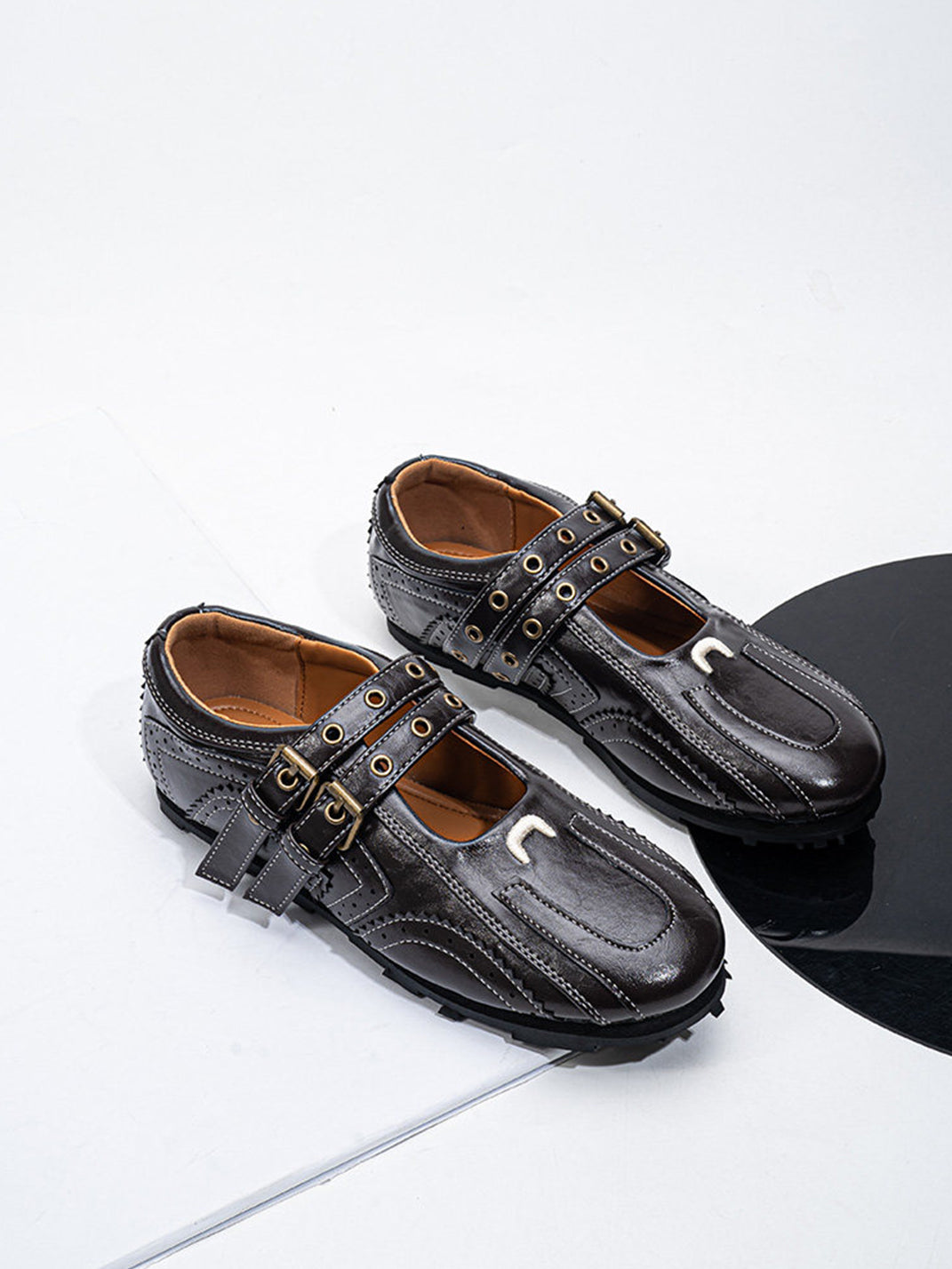 Studded Double-Buckle Square-Toe Flats