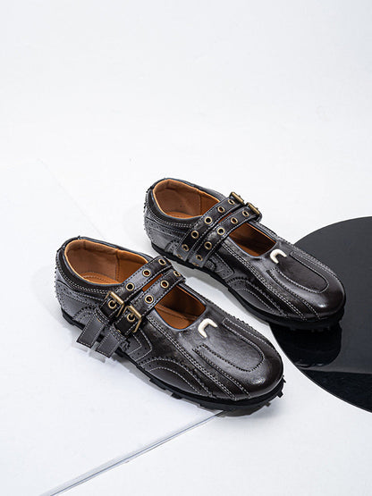 Studded Double-Buckle Square-Toe Flats