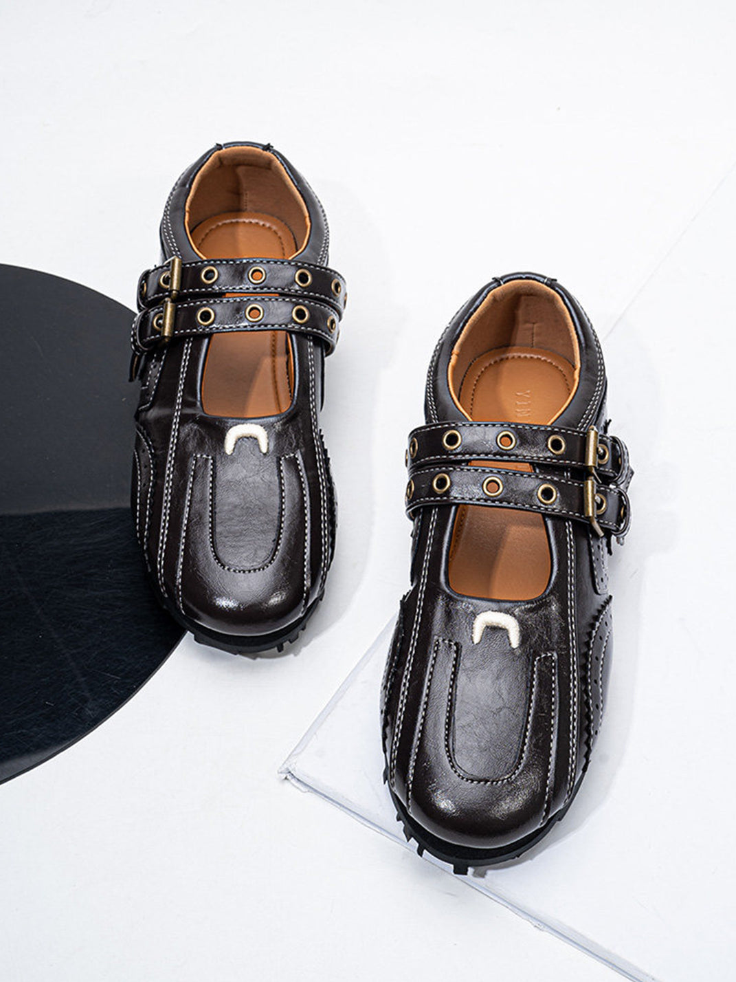 Studded Double-Buckle Square-Toe Flats