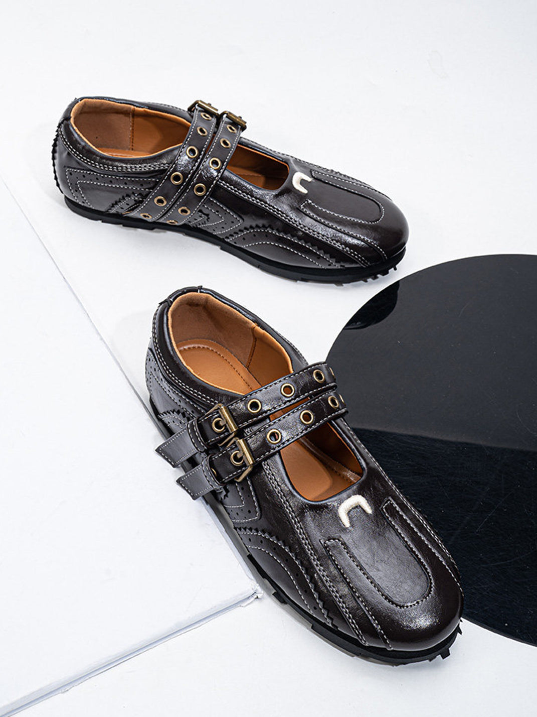 Studded Double-Buckle Square-Toe Flats