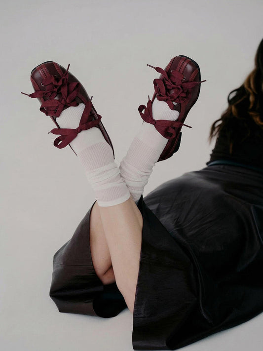 Ribbon-Laced Burgundy Ballet Flats