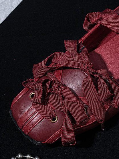 Ribbon-Laced Burgundy Ballet Flats
