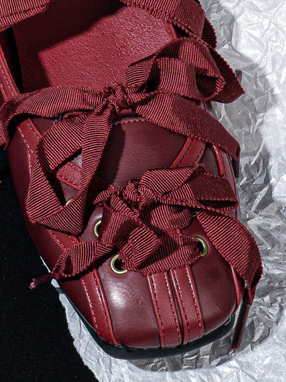Ribbon-Laced Burgundy Ballet Flats