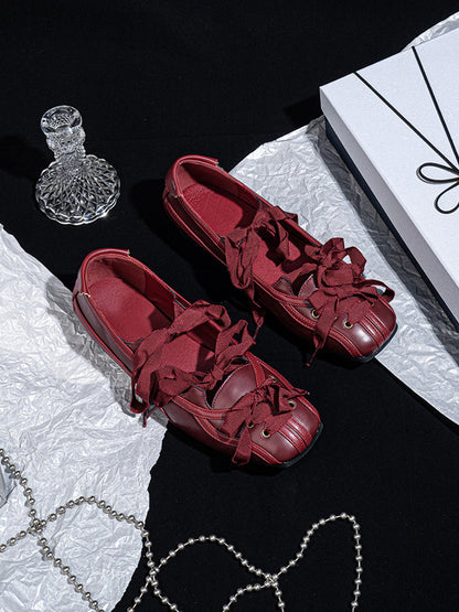 Ribbon-Laced Burgundy Ballet Flats