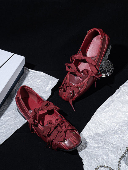 Ribbon-Laced Burgundy Ballet Flats
