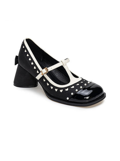 Heart-Stud Square-Toe Block-Heel Mary Janes