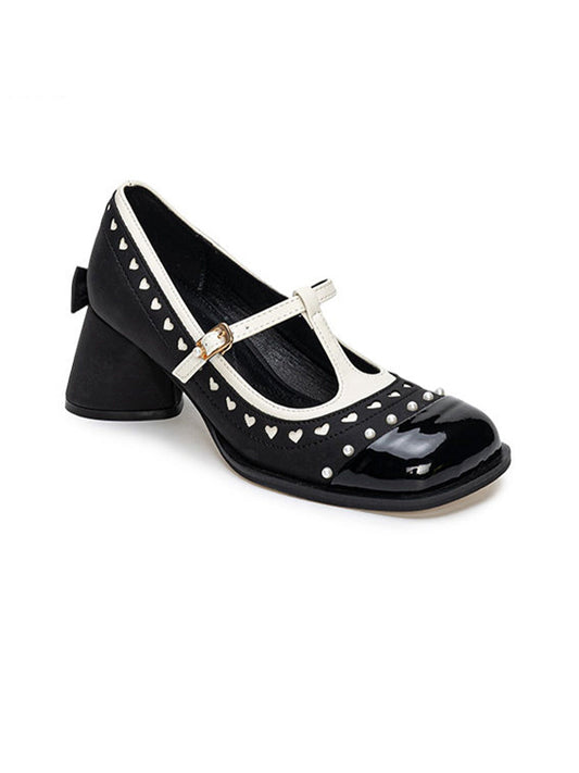 Heart-Stud Square-Toe Block-Heel Mary Janes