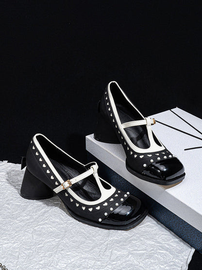 Heart-Stud Square-Toe Block-Heel Mary Janes