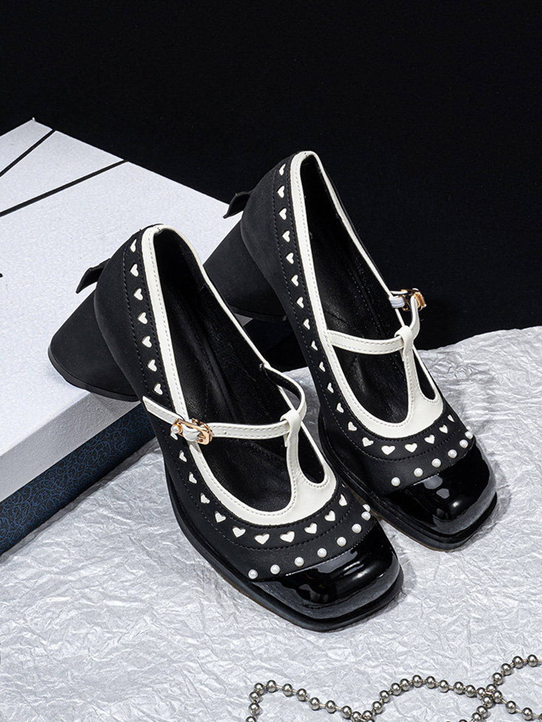 Heart-Stud Square-Toe Block-Heel Mary Janes