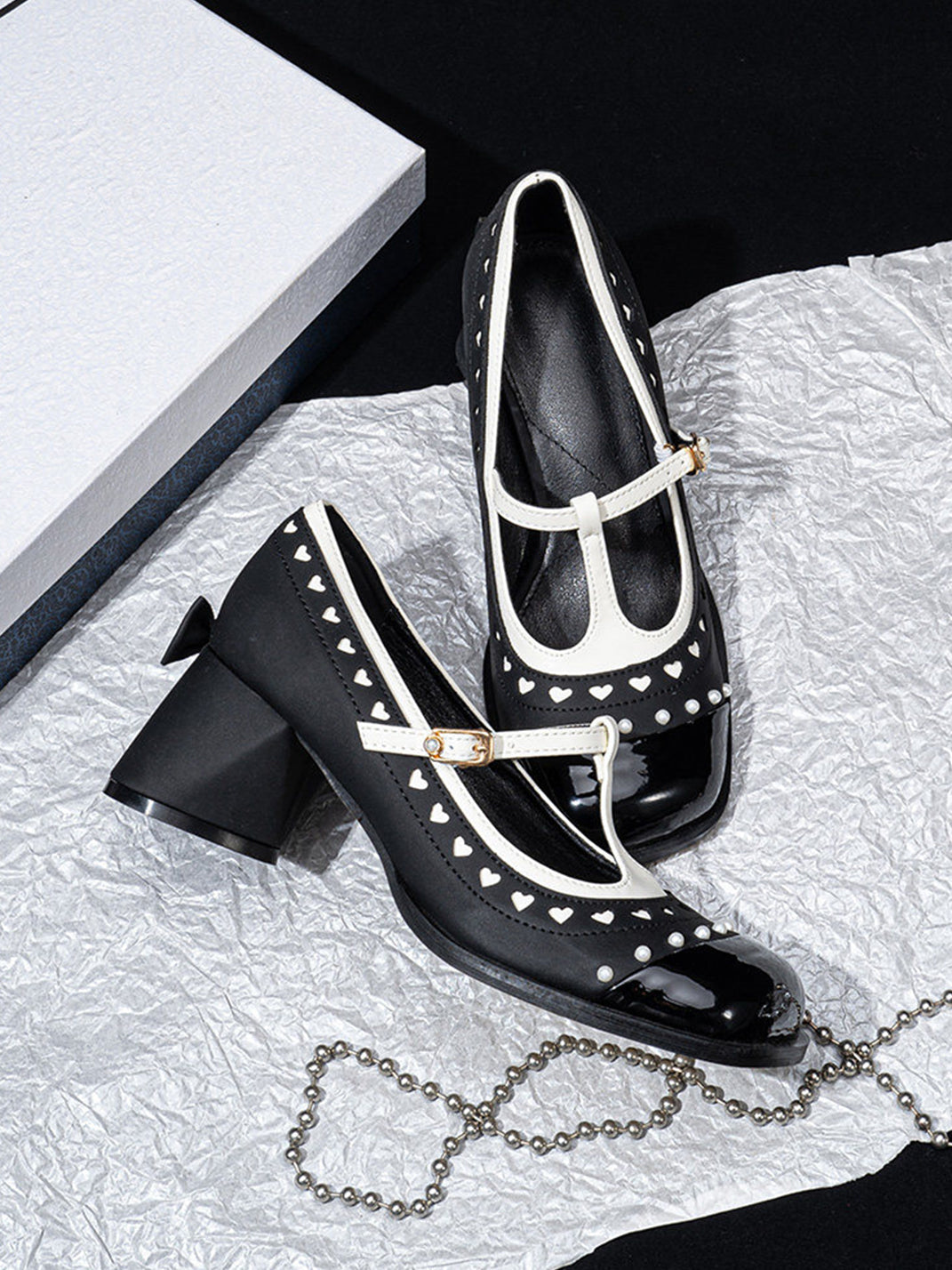 Heart-Stud Square-Toe Block-Heel Mary Janes