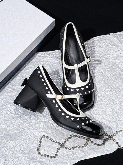 Heart-Stud Square-Toe Block-Heel Mary Janes