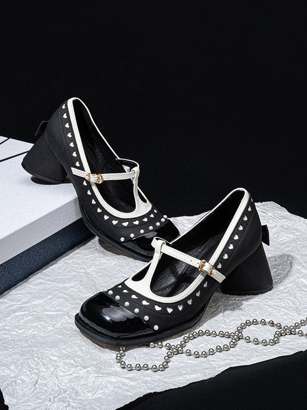 Heart-Stud Square-Toe Block-Heel Mary Janes