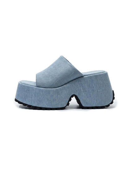 Square-Toe Denim Platform Slide Sandals