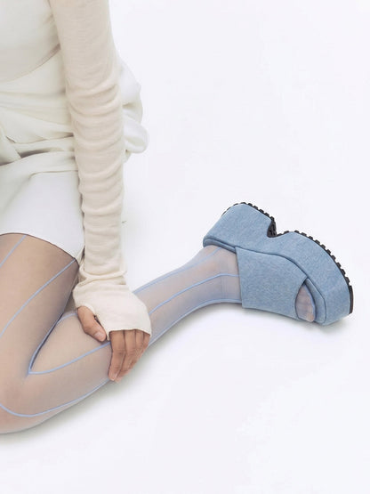 Square-Toe Denim Platform Slide Sandals