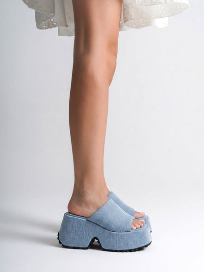 Square-Toe Denim Platform Slide Sandals