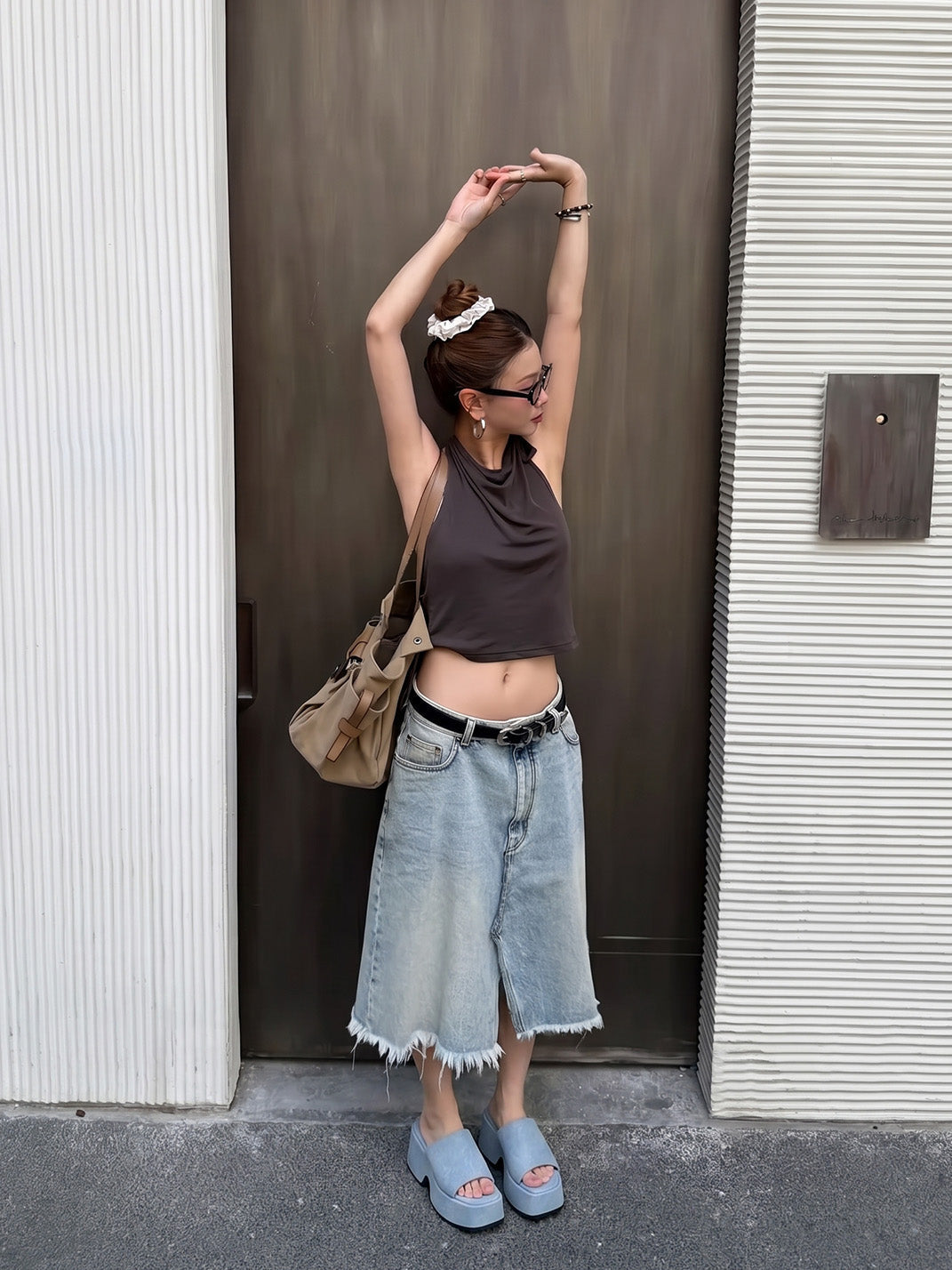 Square-Toe Denim Platform Slide Sandals