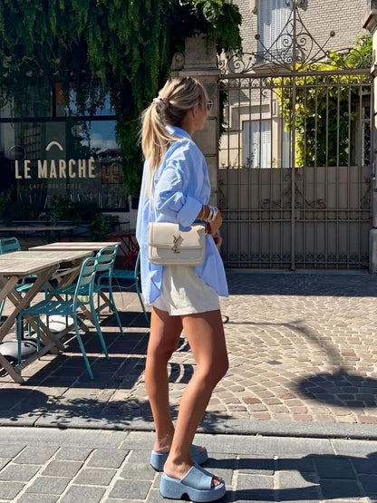 Square-Toe Denim Platform Slide Sandals