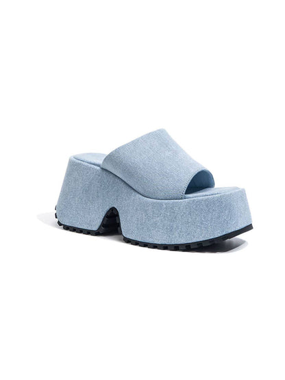 Square-Toe Denim Platform Slide Sandals