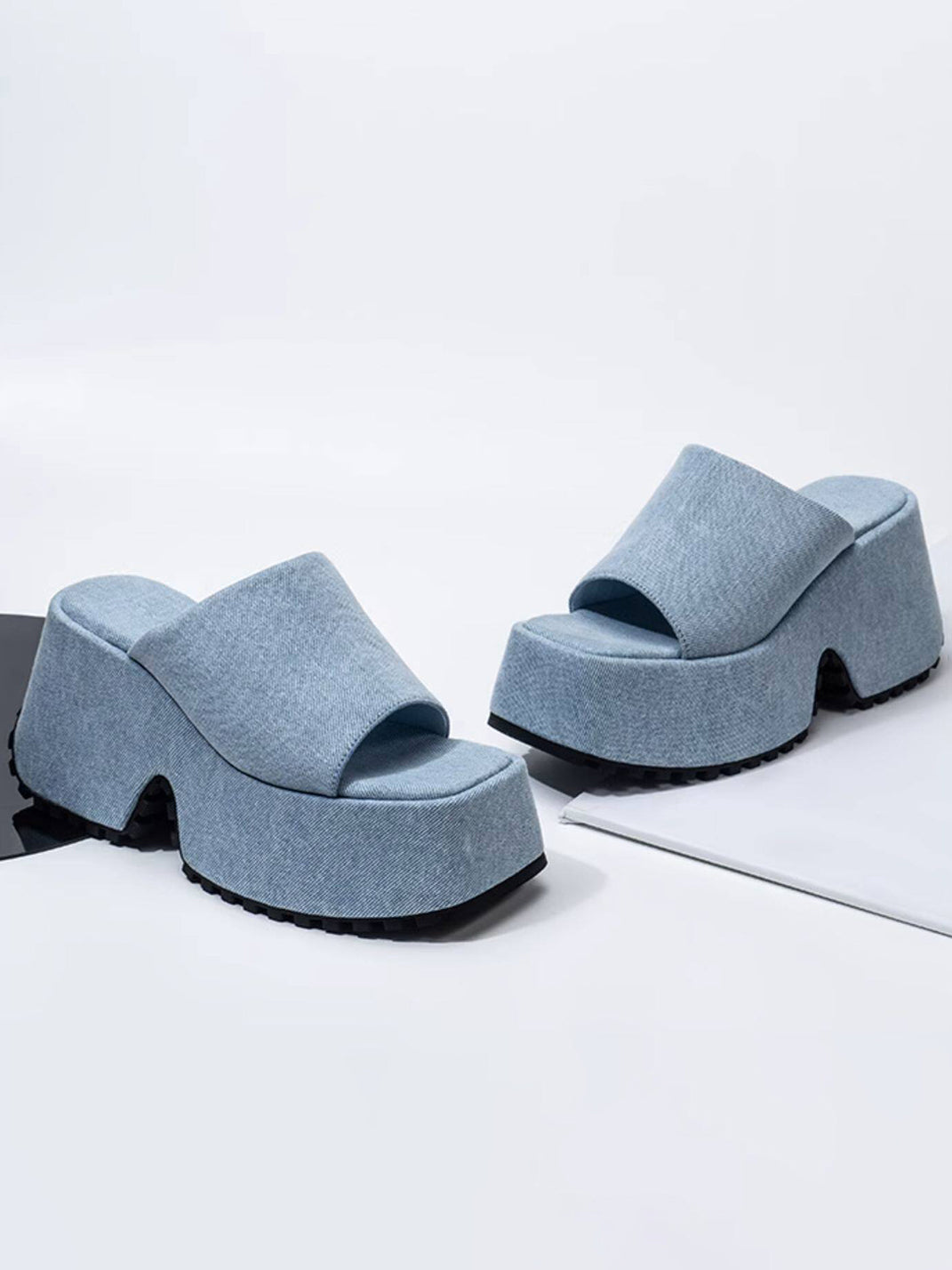 Square-Toe Denim Platform Slide Sandals