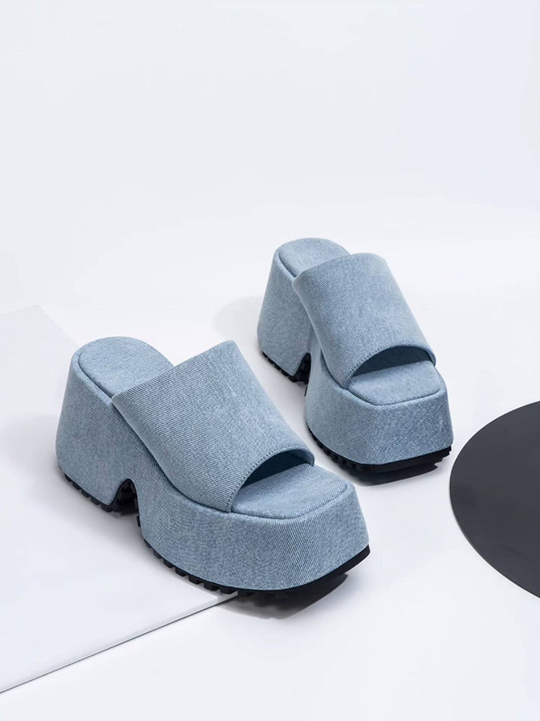Square-Toe Denim Platform Slide Sandals