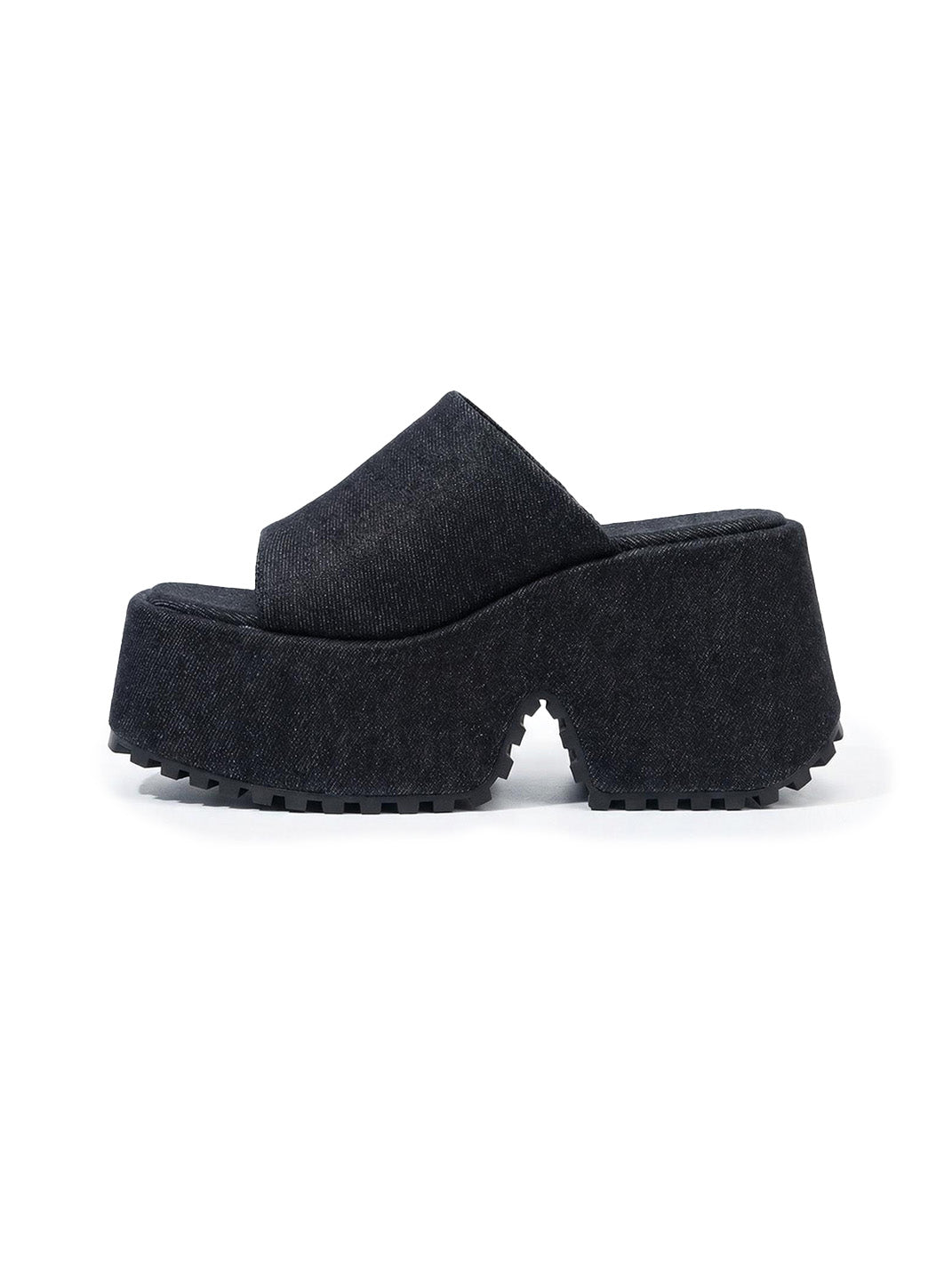Square-Toe Denim Platform Slide Sandals