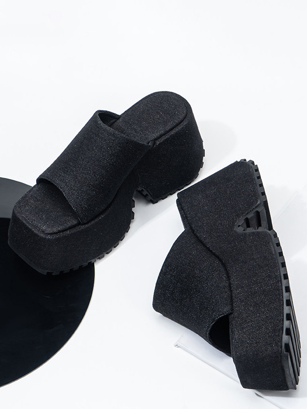 Square-Toe Denim Platform Slide Sandals