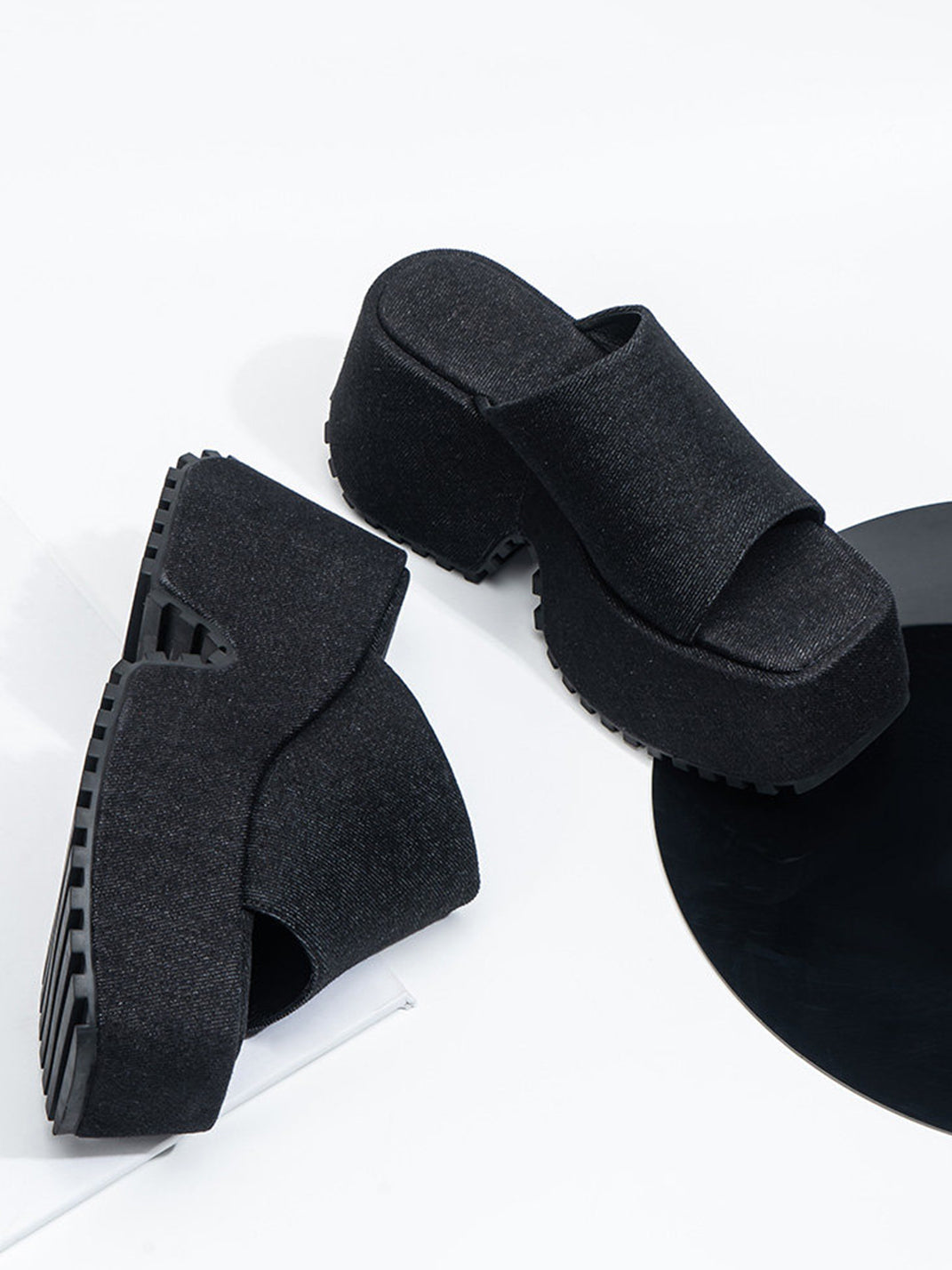 Square-Toe Denim Platform Slide Sandals