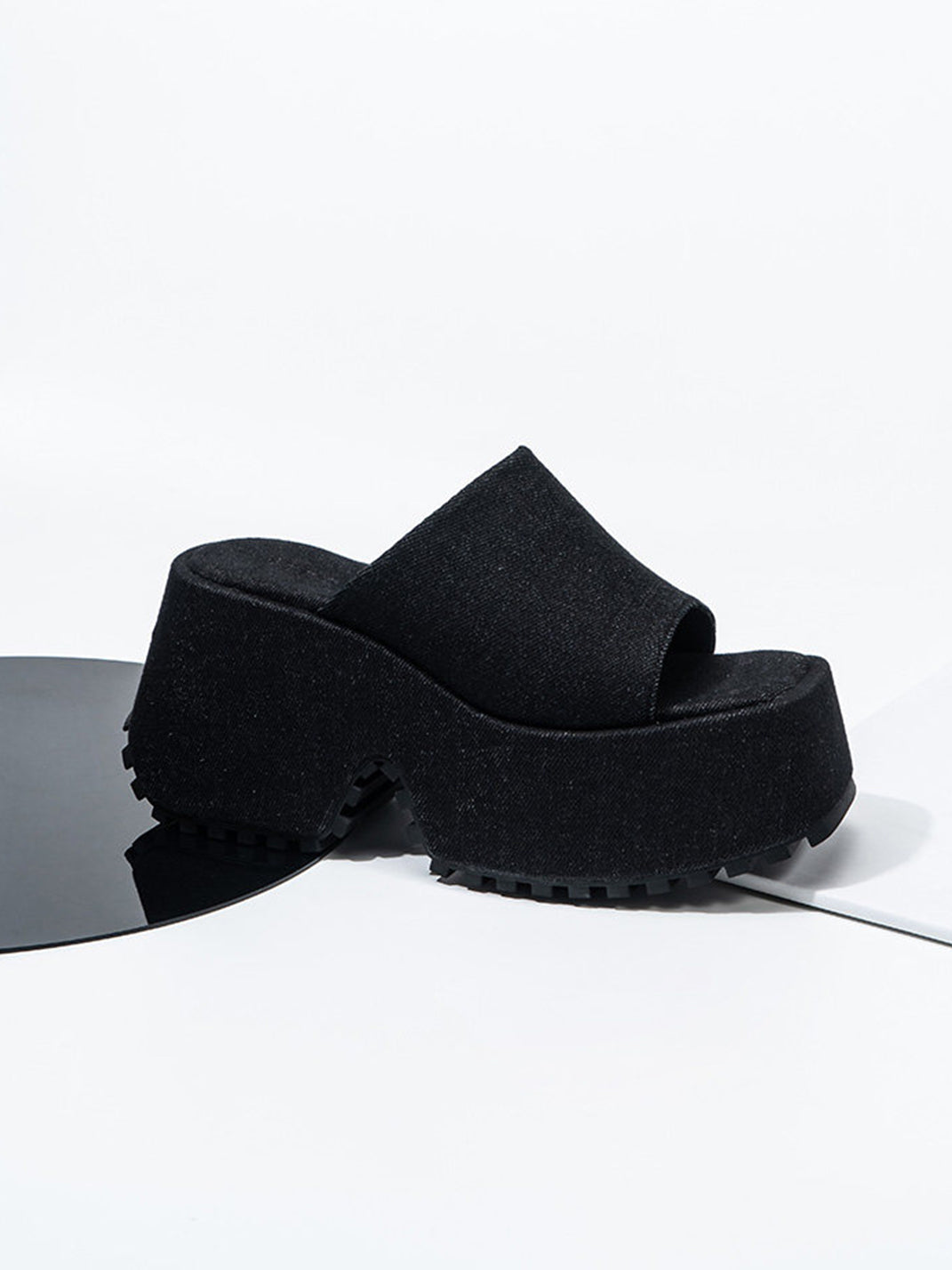 Square-Toe Denim Platform Slide Sandals