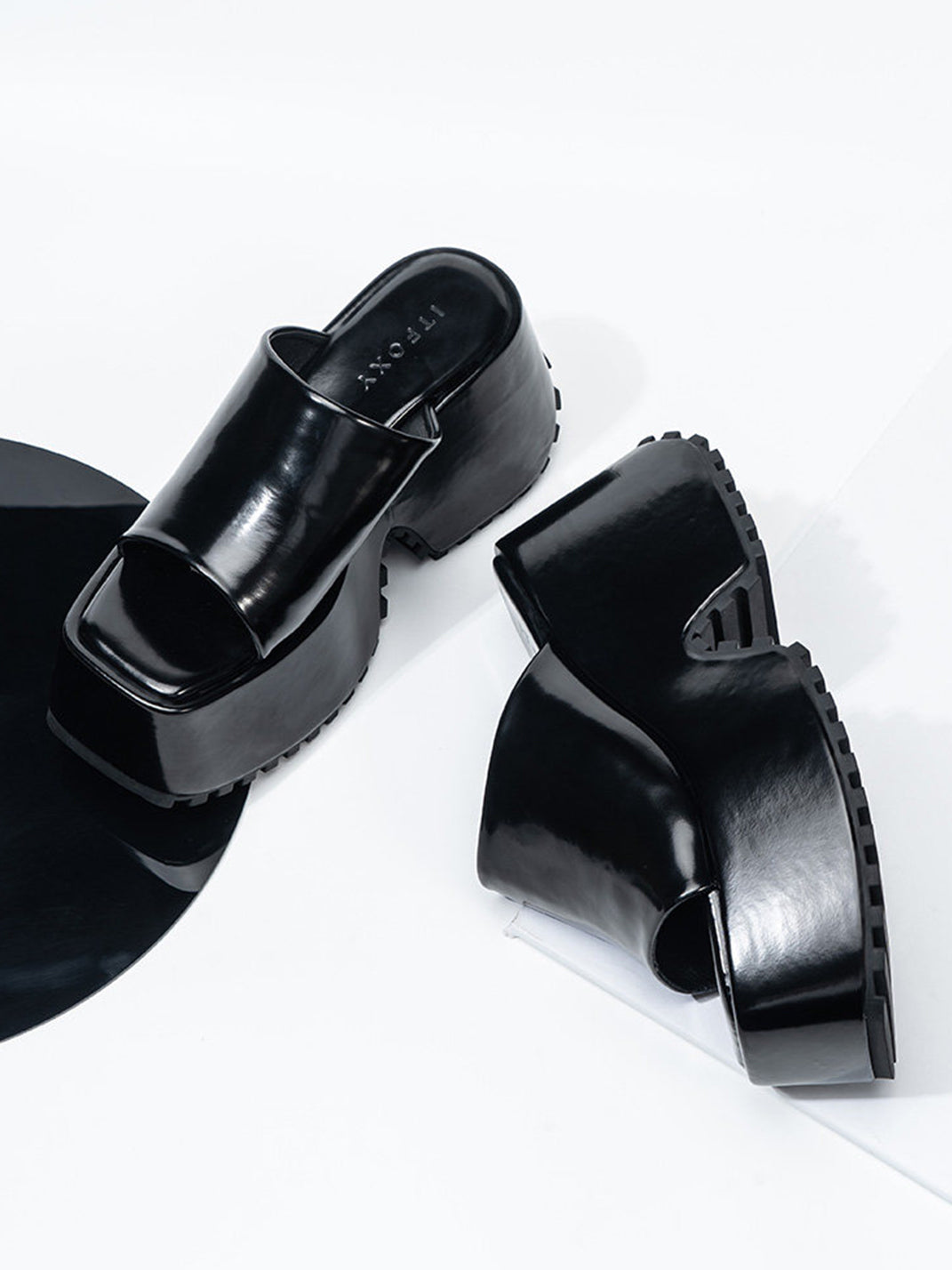 Square-Toe Denim Platform Slide Sandals