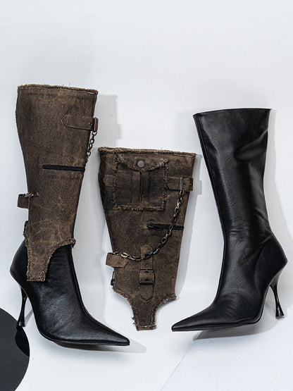 Detachable Distressed-Shaft Stiletto Boots