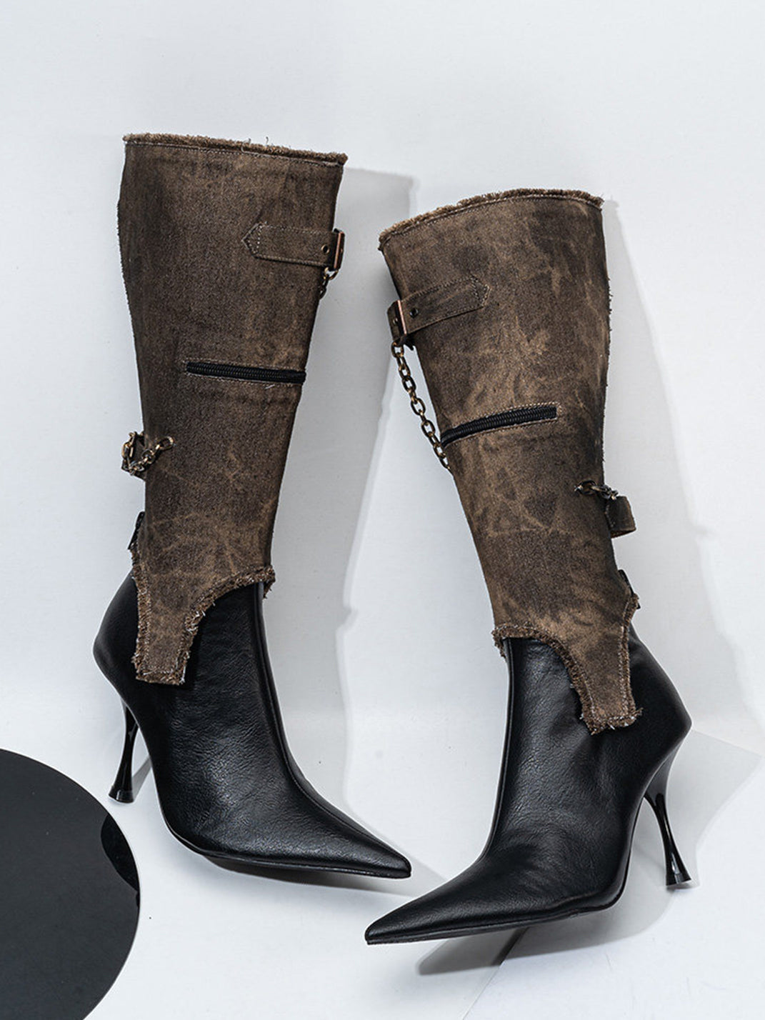 Detachable Distressed-Shaft Stiletto Boots
