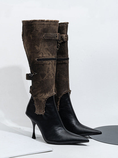 Detachable Distressed-Shaft Stiletto Boots