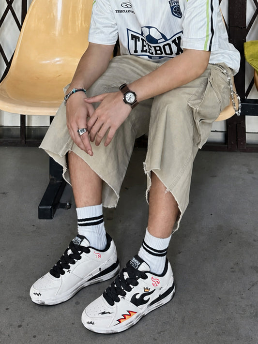 Scuffed Flame-Graphic Court Sneakers