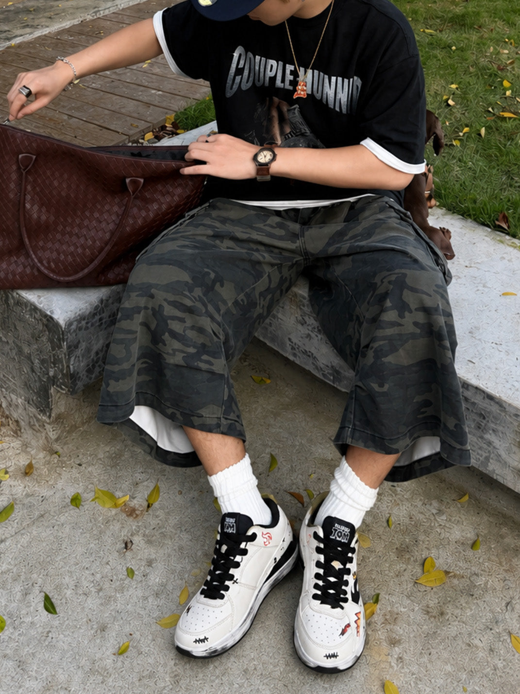 Scuffed Flame-Graphic Court Sneakers