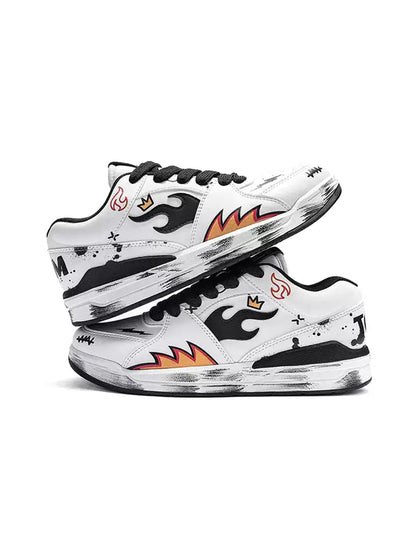 Scuffed Flame-Graphic Court Sneakers