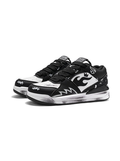 Scuffed Flame-Graphic Court Sneakers